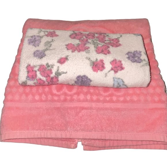 2 Vintage 1980s Floral Pink Towels Bath and Hand - Picture 2 of 9